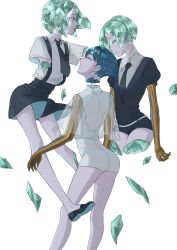 Rule 34 | 3others, absurdres, androgynous, ass, blue hair, blunt bangs, breaking, closed eyes, colored eyelashes, crystal hair, full body, gem, gem uniform (houseki no kuni), golden arms, green eyes, green hair, highres, houseki no kuni, iciriini, looking at viewer, looking back, missing limb, multiple others, multiple persona, necktie, phosphophyllite, phosphophyllite (ll), see-through, see-through sleeves, shards, short hair, spoilers, suspenders, white background, white eyes