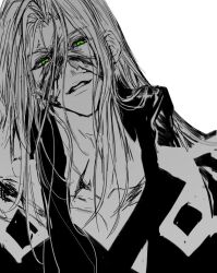 Rule 34 | 1boy, blood, blood on face, chest strap, coat, commentary, english commentary, evil smile, final fantasy, final fantasy vii, green eyes, greyscale, half-closed eyes, head tilt, high collar, long bangs, long hair, male focus, monochrome, moyanwxy, parted bangs, sephiroth, simple background, slit pupils, smile, solo, spot color, upper body, white background