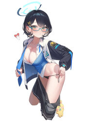 Rule 34 | 1girl, absurdres, black hair, black jacket, blue-framed eyewear, blue archive, blue eyes, blue halo, blue sweater vest, blush, breasts, chihiro (blue archive), cleavage, dong ji, glasses, hair ornament, halo, highres, jacket, large breasts, long sleeves, looking at viewer, maki (blue archive), semi-rimless eyewear, shirt, short hair, simple background, solo, sweater vest, under-rim eyewear, white background, white shirt
