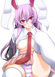 Rule 34 | 1girl, animal ears, areola slip, bad id, bad pixiv id, blazer, blush, breasts, face, female focus, highres, jacket, long hair, looking at viewer, medium breasts, necktie, open clothes, open shirt, panties, purple hair, rabbit ears, red eyes, red necktie, reisen udongein inaba, shirt, solo, striped clothes, striped panties, thighhighs, touhou, underwear, uousa-ou