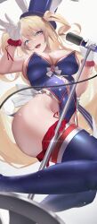 Rule 34 | 1girl, absurdres, azur lane, blonde hair, blue eyes, blue leotard, blue thighhighs, breasts, cleavage, facial mark, frilled leotard, frills, gloves, guam (azur lane), guam (stage-setting charmer) (azur lane), hat, heart, heart facial mark, heart sticker, heart tattoo, highleg, highleg leotard, highres, holding, holding microphone, large breasts, leotard, long hair, microphone, microphone stand, nine (kanine41), official alternate costume, playboy bunny, smile, star-shaped pupils, star (symbol), symbol-shaped pupils, tattoo, thighhighs, top hat, two side up, undersized breast cup, white gloves
