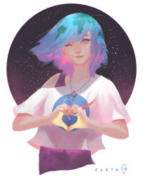 Rule 34 | 1girl, absurdres, blue eyes, blue hair, closed mouth, earth-chan, fahmi fauzi, gradient hair, green hair, heart, heart hands, highres, jewelry, lips, looking at viewer, multicolored hair, nasa logo, necklace, night, night sky, no pupils, one eye closed, original, photoshop (medium), pink hair, revision, shirt, short hair, short sleeves, sky, smile, solo, space, star (sky), swept bangs, white shirt