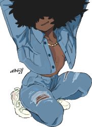 Rule 34 | 1girl, absurdres, afro, arms up, black hair, breasts, breasts apart, dark-skinned female, dark skin, denim, hair over eyes, highres, jewelry, long hair, medium breasts, mole, mole on stomach, necklace, no bra, original, pants, shadow, shoes, simple background, solo, torn clothes, torn pants, viv (whoopsatro), white background, white footwear, whoopsatro