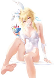Rule 34 | 1girl, absurdres, animal ears, bare legs, bare shoulders, barefoot, blush, breasts, cleavage, detached sleeves, fake animal ears, feet, flower, genshin impact, hair flower, hair ornament, highres, large breasts, leotard, looking at viewer, lumine (genshin impact), playboy bunny, rabbit ears, rable, short hair with long locks, simple background, white background, white flower, white leotard