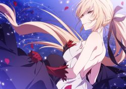 Rule 34 | 1girl, backless dress, backless outfit, bad id, bad twitter id, bare shoulders, black ribbon, black skirt, blonde hair, breasts, commentary request, detached sleeves, dress, falling petals, feathers, from side, holding, holding clothes, holding skirt, kiss-shot acerola-orion heart-under-blade, large breasts, long hair, monogatari (series), night, night sky, ntend, oshino shinobu, parted lips, petals, pointy ears, ponytail, ribbon, sideboob, skirt, sky, star (sky), starry sky, strapless, strapless dress, vampire, very long hair, white dress, yellow eyes