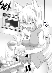Rule 34 | 1futa, 1girl, ^ ^, age difference, animal ears, bad id, bad pixiv id, bar censor, blush, bottomless, bowl, breasts, cat ears, cat girl, censored, chen, closed eyes, earrings, egg, employee uniform, english text, erection, facing another, fellatio, food, fox ears, fox girl, fox tail, full-package futanari, futa with female, futanari, greyscale, hammer (sunset beach), happy, heart, holding, jewelry, large breasts, licking, microwave, moaning, monochrome, multiple girls, multiple tails, no headwear, no panties, oden, open mouth, oral, partially undressed, penis, short hair, short sleeves, sitting, speech bubble, spoken heart, standing, sweat, tail, testicles, tongs, tongue, touhou, trembling, uniform, upper body, yakumo ran