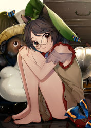 Rule 34 | 1girl, animal ear fluff, animal ears, bare legs, bare shoulders, barefoot, brown dress, brown eyes, brown hair, brown nails, bug, butterfly, clothing cutout, daimaou ruaeru, drawer, dress, full body, futatsuiwa mamizou, glasses, green hat, hat, insect, knees up, leaf, leaf hat, leaf on head, light particles, looking at viewer, nail polish, phonograph, raccoon ears, round eyewear, short dress, short hair, shoulder cutout, sitting, smile, solo, swept bangs, thighs, toenail polish, toenails, touhou
