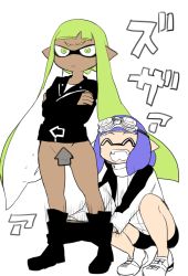 Rule 34 | 1boy, 1girl, assisted exposure, bike shorts, black shorts, blue hair, boots, censored, cleft of venus, danimaru, dark skin, fangs, genderswap, genderswap (mtf), goggle-kun (splatoon), goggles, goggles on head, green hair, highres, inkling, inkling boy, inkling girl, inkling player character, jacket, nintendo, novelty censor, pointy ears, pulling another&#039;s clothes, pussy, rider-kun (splatoon), see-through, shoes, shorts, sneakers, splatoon (manga), splatoon (series), squid, tentacle hair, track jacket, transparent censoring