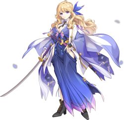 1girl artist_request artistic_error blonde_hair breasts cleavage earrings full_body game_cg high_heels highres holding holding_sword holding_weapon japanese_clothes jewelry katana kondou_isami_(legend_clover) legend_clover light_smile official_art purple_eyes sword third-party_source transparent_background weapon