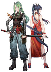 Rule 34 | 2girls, alternate costume, arknights, back cutout, bare shoulders, belt, black footwear, blue hair, blue pants, boots, breasts, cargo pants, ch&#039;en (ageless afterglow) (arknights), ch&#039;en (arknights), china dress, chinese clothes, clothing cutout, dragon horns, dragon tail, dress, facial scar, green hair, grin, hair between eyes, high heels, holding, holding sword, holding weapon, horns, hoshiguma (arknights), hoshiguma (ronin huntress) (arknights), iceky, large breasts, long hair, looking at viewer, mask, multiple girls, official alternate costume, oni mask, pants, ponytail, red eyes, red footwear, scar, scar on cheek, scar on face, shirt, shorts, sidelocks, single horn, skin-covered horns, smile, sword, tail, tail through clothes, thighs, weapon