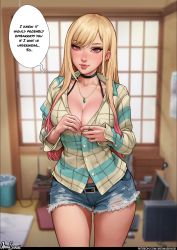 Rule 34 | 1girl, aroma sensei, artist name, belt, black choker, blonde hair, breasts, choker, cleavage, commentary, cowboy shot, denim, denim shorts, ear piercing, earrings, english commentary, english text, gradient hair, green shirt, highres, indoors, jewelry, kitagawa marin, large breasts, light blush, lips, long hair, long sleeves, looking at viewer, midriff peek, multicolored hair, nail polish, necklace, patreon username, piercing, pink nails, plaid, plaid shirt, red eyes, red hair, ring, room, shirt, short shorts, shorts, solo, sono bisque doll wa koi wo suru, speech bubble, standing, thighs, torn clothes, torn shorts, two-tone hair, undressing, watermark, web address