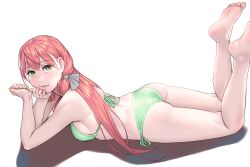 Rule 34 | 1girl, akashi (kancolle), alternate costume, ass, bare legs, bare shoulders, barefoot, bikini, blush, breasts, feet, full body, green bikini, green eyes, green nails, hair between eyes, hair ornament, hair ribbon, halterneck, highres, kantai collection, long hair, looking at viewer, lying, medium breasts, navel, on stomach, open mouth, pink hair, ribbon, sidelocks, simple background, smile, soles, solo, string bikini, swimsuit, the pose, toes, tress ribbon, twintails, white background, yuuji (and)