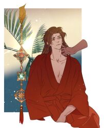 Rule 34 | 1boy, 1other, 5altybitter5, aged down, alternate hair length, alternate hairstyle, brown hair, closed mouth, emet-selch, final fantasy, final fantasy xiv, gem, green gemstone, hand on another&#039;s neck, long hair, long sleeves, male focus, red robe, robe, tassel