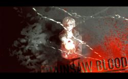 Rule 34 | 1boy, 1other, absurdres, ammenite, blood, blood splatter, carrying, chainsaw, chainsaw man, crack, cracked glass, denji (chainsaw man), eyepatch, grey background, highres, hood, hoodie, letterboxed, looking at viewer, monochrome, pochita (chainsaw man), short hair, spot color