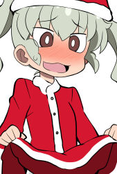 Rule 34 | 1girl, anchovy (girls und panzer), blush, bright pupils, brown eyes, christmas, clothes lift, commentary, dress, dress lift, drill hair, embarrassed, girls und panzer, green hair, hat, highres, lifting own clothes, long hair, long sleeves, looking at viewer, open mouth, parody, red hat, santa dress, santa hat, simple background, smile, solo, style parody, sweatdrop, twin drills, twintails, ueno-san wa bukiyou, wakku kan, white background, white pupils