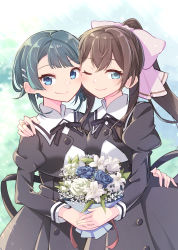 Rule 34 | 2girls, ;), aizawa kazuha, aqua eyes, arm around shoulder, arm around waist, assault lily, black ribbon, black skirt, blue eyes, blue flower, blue hair, blue rose, blurry, blurry background, blush, bouquet, bow, brown hair, buttons, cheek-to-cheek, closed mouth, commentary request, commission, cowboy shot, cropped jacket, crossed bangs, day, flower, hair bow, hair ornament, hairclip, hand on another&#039;s hip, hand on another&#039;s shoulder, heads together, high-waist skirt, high ponytail, highres, holding, holding bouquet, holding hands, jewelry, juliet sleeves, light particles, lily (flower), long hair, long sleeves, looking at viewer, morugen, multiple girls, neck ribbon, one eye closed, outdoors, pink bow, ponytail, puffy sleeves, ribbon, ring, rose, school uniform, serizawa chikaru, short hair, side-by-side, skeb commission, skirt, smile, standing, sunlight, white flower, yuri, yurigaoka girls academy school uniform