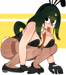 Rule 34 | 1girl, absurdres, animal ears, asui tsuyu, bare shoulders, between breasts, black eyes, black hair, black pantyhose, boku no hero academia, breasts, carrot, cleavage, curvy, detached collar, fake animal ears, female focus, full body, green hair, green leotard, hair between eyes, highres, large breasts, leotard, long hair, looking at viewer, melonpuff, pantyhose, playboy bunny, rabbit ears, shiny clothes, shiny skin, sitting, solo, squatting, thick thighs, thighs, tongue, tongue out, wide-eyed, wide hips