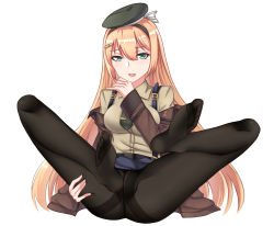 Rule 34 | 1girl, absurdres, blonde hair, feet, girls&#039; frontline, green eyes, hair ornament, hairband, hairclip, hat, highres, long hair, looking at viewer, m1 garand (girls&#039; frontline), no shoes, pantyhose, parted lips, soles, toes