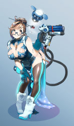 Rule 34 | 1girl, absurdres, alternate costume, belt, blizzard (company), blush, boots, breasts, brown hair, china dress, chinese clothes, cleavage, cleavage cutout, clothing cutout, dress, garter straps, glasses, gloves, hair bun, hair ornament, hairpin, highres, huge breasts, impossible clothes, leaning forward, looking at viewer, mei (overwatch), neon trim, overwatch, overwatch 1, postal cobe, single hair bun, smile, snowflake print, solo, thighhighs, utility belt
