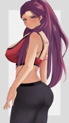 Rule 34 | 1girl, absurdres, arm tattoo, ass, back, back tattoo, bare back, braid, breasts, brown eyes, covered erect nipples, crop top, earrings, fire emblem, fire emblem: three houses, from behind, highres, jewelry, large breasts, looking at viewer, nintendo, pants, peli cantaro, petra macneary, ponytail, purple hair, solo, sports bra, tank top, tattoo, yoga pants