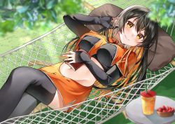 Rule 34 | 1girl, absurdres, black hair, black shirt, black thighhighs, book, borrowed character, breasts, capelet, closed mouth, commission, crop top, earrings, feet out of frame, food, from above, grass, hammock, highres, jewelry, large breasts, long hair, long sleeves, looking at viewer, lying, midriff, miniskirt, monero-chan, multicolored hair, navel, on back, orange capelet, orange eyes, orange hair, orange skirt, original, pillow, second-party source, shirt, skeb commission, skirt, smile, solo, thighhighs, two-tone hair, yam (yamap mako)