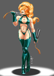 Rule 34 | 1girl, :p, bare shoulders, big hair, blonde hair, blue thighhighs, boots, breasts, brenda (captain commando), capcom, captain commando, cleavage, collarbone, fingerless gloves, fingernails, gloves, green eyes, grey background, hair over one eye, high heel boots, high heels, highres, hip focus, latex, legs, light smile, long hair, looking at viewer, midriff, muscular, muscular female, nail, navel, ponytail, scrap iron, solo, thigh boots, thighhighs, tongue, tongue out