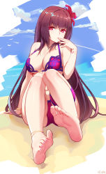 Rule 34 | absurdres, anklet, bare legs, barefoot, beach, bikini, bracelet, breasts, fate/grand order, fate (series), feet, fingernails, flower, foot focus, foreshortening, hair flower, hair intakes, hair ornament, hand on own face, highres, jewelry, large breasts, leg strap, long hair, looking at viewer, nail polish, ninai, ocean, purple bikini, purple hair, red eyes, sand, scathach (fate), scathach (fate/grand order), scathach (swimsuit assassin) (fate), sky, soles, solo, swimsuit, thigh strap, toes