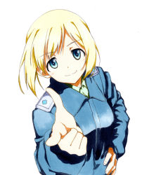 Rule 34 | 1girl, bad id, bad pixiv id, blonde hair, blue eyes, erica hartmann, finger gun, long sleeves, looking at viewer, military, military uniform, painting (medium), shiratama (hockey), short hair, smile, solo, strike witches, traditional media, uniform, watercolor (medium), world witches series