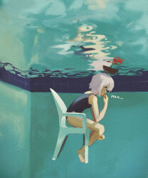 Rule 34 | 1girl, blue one-piece swimsuit, chair, full body, grey hair, highres, medium hair, nyztsune, one-piece swimsuit, original, pool, profile, sitting, submerged, swimsuit, thinking, toy boat, underwater, water