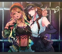Rule 34 | 2girls, arms around waist, black neckwear, blonde hair, bracelet, braid, breasts, brown eyes, brown hair, camouflage, camouflage jacket, choker, cleavage, crop top, cuffs, elbow gloves, finger to cheek, frills, gloves, hair between eyes, hairband, handcuffs, hat, idolmaster, idolmaster shiny colors, izumi mei, jacket, jewelry, kuwayama chiyuki, large breasts, long hair, middle finger, midriff, multiple girls, nail polish, navel, necklace, open clothes, open mouth, open shirt, peaked cap, prison, prison cell, ribbon, shirt, shotan, single braid, skirt, sleeveless, sleeveless shirt, suspender skirt, suspenders, tan, white shirt