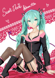 Rule 34 | 1girl, absurdres, bad id, bad pixiv id, bare shoulders, black footwear, boots, breasts, butterfly hair ornament, cleavage, collarbone, demon tail, edwin-kun, english text, eyelashes, frilled skirt, frills, green eyes, green hair, hair between eyes, hair ornament, hatsune miku, heart, high heel boots, high heels, highres, honey whip (module), knees up, lace, lace-trimmed legwear, lace trim, long hair, looking at viewer, makeup, matching hair/eyes, pale skin, parted lips, project diva (series), shiny skin, simple background, sitting, skirt, small breasts, solo, solo focus, sweet devil (vocaloid), tail, teeth, text focus, thighhighs, twintails, vocaloid