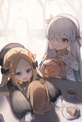 2girls :d abigail_williams_(fate) anastasia_(fate) black_bow black_dress black_hat blonde_hair blue_cloak blue_eyes blush bow brown_hairband cloak closed_mouth cup dress fate/grand_order fate_(series) forehead grey_hair hair_bow hair_over_one_eye hairband hat highres long_hair long_sleeves miya_(miyaruta) multiple_girls multiple_hair_bows open_mouth orange_bow parted_bangs puffy_long_sleeves puffy_sleeves saucer sleeves_past_fingers sleeves_past_wrists smile tea teacup very_long_hair white_dress