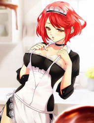 Rule 34 | 1girl, alternate costume, apron, blurry, blush, breasts, chocolate, cleavage, collar, commentary, commentary request, dress, english commentary, enmaided, esther shen, hair ornament, headpiece, indoors, kitchen, large breasts, looking at viewer, maid, maid apron, maid headdress, nintendo, open mouth, pyra (xenoblade), red eyes, red hair, short hair, solo, swept bangs, tiara, xenoblade chronicles (series), xenoblade chronicles 2