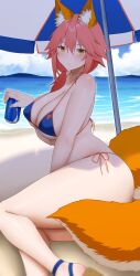 Rule 34 | 1girl, absurdres, animal ear fluff, animal ears, arind yudha, bare arms, bare shoulders, beach, bikini, blue bikini, blue sky, breasts, can, cleavage, closed mouth, cloud, cloudy sky, commentary, fate/grand order, fate (series), fingernails, fox ears, fox girl, fox print, fox tail, hair between eyes, highres, holding, holding can, large breasts, legs, light smile, lips, looking at viewer, ocean, orange trim, outdoors, parasol, pink hair, sand, side-tie bikini bottom, sky, solo, swimsuit, tail, tamamo (fate), tamamo no mae (fate/extra), tamamo no mae (swimsuit lancer) (fate), thighs, umbrella, yellow eyes