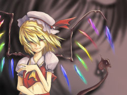 Rule 34 | 1girl, aryus, ascot, bad id, bad pixiv id, blonde hair, bow, closed mouth, crystal, different shadow, female focus, flandre scarlet, floating hair, hair between eyes, hat, hat bow, hat ribbon, laevatein, looking at viewer, mob cap, navel, puffy short sleeves, puffy sleeves, red eyes, red ribbon, ribbon, shadow, short hair, short sleeves, smile, solo, stomach, touhou, upper body, white hat, wings