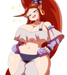 Rule 34 | 1girl, absurdres, bare shoulders, book, breasts, crop top, curvy, earrings, green eyes, harmony (shantae), highres, huge breasts, jewelry, long hair, mechspazer, open mouth, ponytail, red hair, shantae (series), shantae and the seven sirens, smile, solo, thick thighs, thighs, very long hair, wide hips