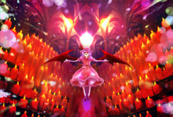 Rule 34 | 1girl, bat wings, candle, female focus, fire, fire, flying, indoors, looking at viewer, outstretched arms, puffy short sleeves, puffy sleeves, red eyes, remilia scarlet, shippori, shishou, short hair, short sleeves, silver hair, solo, spikes, touhou, vampire, wax, wings