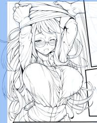Rule 34 | 1girl, arms up, blush, breasts, draph, glasses, granblue fantasy, large breasts, monochrome, mushi024, one eye closed, sarya (granblue fantasy), sketch, undressing, upper body