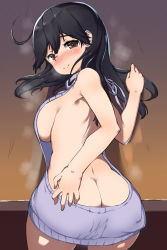 Rule 34 | 10s, 1girl, ahoge, ass, backless dress, backless outfit, bent over, black hair, blush, breasts, brown eyes, butt crack, cowboy shot, dress, from above, from behind, halterneck, heavy breathing, highres, kantai collection, large breasts, long hair, looking at viewer, looking back, meme attire, naked sweater, nose blush, ribbed sweater, sakimori dan, sideboob, smile, solo, sweater, sweater dress, ushio (kancolle), virgin killer sweater