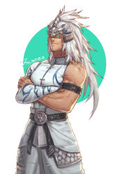 Rule 34 | 1boy, abs, armband, bara, belt, biceps, chinese clothes, crossed arms, dungeon and fighter, facial hair, fighter (dungeon and fighter), glowing, glowing eyes, green eyes, helmet, jin (sirius-j), large pectorals, long hair, looking at viewer, male focus, manly, mature male, muscular, muscular male, pants, pectorals, scar, scar on arm, skirt, smile, solo, spiked hair, stubble, tight clothes, white hair