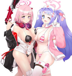 Rule 34 | 2girls, ;d, areola slip, armband, asymmetrical docking, bandaged leg, bandages, bandaid, bare shoulders, between breasts, bikini, black bikini, black jacket, blue archive, blue eyes, blue hair, breast press, breasts, dress shirt, eimi (blue archive), fang, hair intakes, hair ornament, hairclip, halo, hanae (blue archive), hat, headphones, headphones around neck, heart, highres, imaihxxx, jacket, large breasts, long hair, long sleeves, looking at viewer, micro bikini, multicolored nails, multiple girls, nail polish, navel, neck brace, necktie, necktie between breasts, nurse cap, off shoulder, one eye closed, open clothes, open jacket, open mouth, parted lips, pill hair ornament, pink bikini, pink hair, pink jacket, pink nails, purple eyes, safety pin, shirt, short hair, skindentation, sleeves past wrists, smile, standing, string bikini, striped bikini, striped clothes, swimsuit, syringe, thigh strap, thighhighs, thighs, trigger discipline, twintails, very long hair, white legwear, white shirt, zipper, zipper pull tab