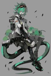 Rule 34 | 1boy, absurdres, arknights, asagina gi, black footwear, black gloves, black pantyhose, commentary, elbow gloves, fingerless gloves, full body, gloves, goggles, goggles on head, green hair, grey background, grey shorts, highres, infection monitor (arknights), jacket, looking at viewer, male focus, open mouth, pantyhose, pantyhose under shorts, pointy ears, sharp teeth, short hair, short sleeves, shorts, simple background, smile, solo, symbol-only commentary, tail, teeth, verdant (arknights), very long tail, white jacket, yellow eyes