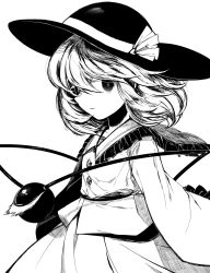 Rule 34 | 1girl, child, closed mouth, expressionless, female focus, flat chest, frilled shirt, frilled sleeves, frills, from side, greyscale, hat, hat ribbon, highres, komeiji koishi, long sleeves, looking at viewer, lotosu, medium hair, monochrome, ribbon, shirt, sidelocks, sideways mouth, simple background, sketch, solo, standing, swept bangs, third eye, touhou, white background, wide sleeves