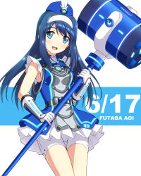 Rule 34 | 1girl, absurdres, bike shorts, blue dress, blue eyes, blue hair, blue headwear, character name, commentary request, cowboy shot, dated, dress, futaba aoi (vividred operation), gloves, gluteal fold, hairband, hat feather, highres, long hair, mallet, nonbe, palette suit, shorts, shorts under dress, sleeveless, sleeveless dress, solo, thigh gap, two-tone dress, vividred operation, white gloves, white hairband, white shorts