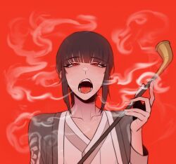 1girl black_hair blunt_bangs collarbone highres holding holding_smoking_pipe kiseru limbus_company looking_at_viewer medium_hair misg1111 open_mouth project_moon red_background red_eyes ryoshu_(project_moon) sidelocks smoke smoking_pipe solo teeth tongue upper_body