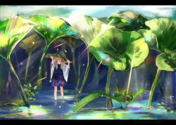 Rule 34 | 1girl, blonde hair, commentary, covered mouth, day, green eyes, hair ribbon, hands on headwear, hands up, highres, letterboxed, light rays, lily pad, long hair, looking at viewer, moriya suwako, moss, nature, outdoors, purple skirt, purple vest, red ribbon, ribbon, shirt, skirt, solo, sunbeam, sunlight, touhou, turtleneck, vest, wading, water, white shirt, wide shot, wide sleeves, zhu xiang