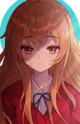 Rule 34 | 1girl, aisaka taiga, black ribbon, blazer, blue background, blush, brown eyes, brown hair, closed mouth, collared shirt, commentary request, dress shirt, hair between eyes, jacket, korean commentary, light frown, long hair, looking at viewer, moth1, neck ribbon, red jacket, ribbon, school uniform, shirt, solo, toradora!, two-tone background, upper body, white background, white shirt
