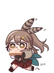 Rule 34 | 1girl, ahoge, belt, blush, bread slice, brown capelet, brown cloak, brown corset, brown eyes, brown hair, cape, capelet, chibi, cloak, corset, crossed bangs, eiul, feather hair ornament, feathers, food, food in mouth, hair ornament, hairclip, highres, hololive, hololive english, knee strap, kneehighs, long hair, mouth hold, multicolored hair, nanashi mumei, pleated skirt, ponytail, red skirt, ribbon, runes, running, shirt, skirt, socks, streaked hair, toast, toast in mouth, very long hair, virtual youtuber, white shirt