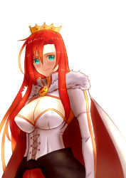 Rule 34 | 1girl, absurdres, blue eyes, blush, boudica (fate), boudica (third ascension) (fate), breasts, cape, cleavage, corset, crown, der zweite, fate/grand order, fate (series), fur trim, highres, large breasts, long hair, looking at viewer, red hair, shrug (clothing), smile, solo, white background