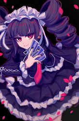 Rule 34 | 1girl, black background, black hair, black nails, blunt bangs, bonnet, card, celestia ludenberg, claw ring, commentary request, danganronpa: trigger happy havoc, danganronpa (series), drill hair, frilled skirt, frills, gothic lolita, hand up, holding, holding card, layered skirt, lolita fashion, long hair, long sleeves, looking at viewer, nail polish, necktie, playing card, red eyes, red necktie, sasakama (sasagaki01), skirt, smile, solo, twin drills, twintails